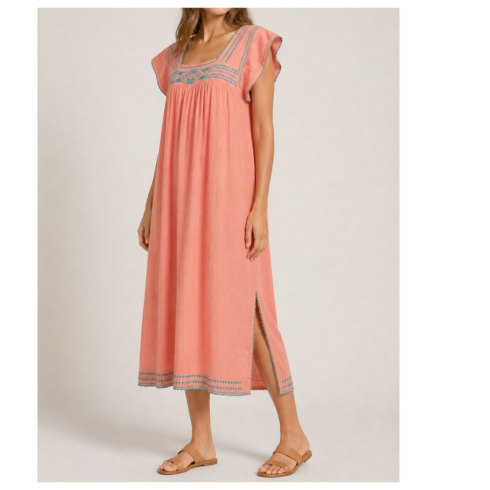 Mer St Barth Sandrine Dress S Midi Coastal Embroidered Cotton Gauze Pink Sorbet